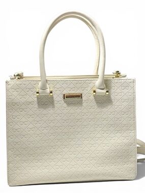 Tahari Cream Embossed Bow Monogram Structured Tote Bag | Gold Hardware | Crossbo